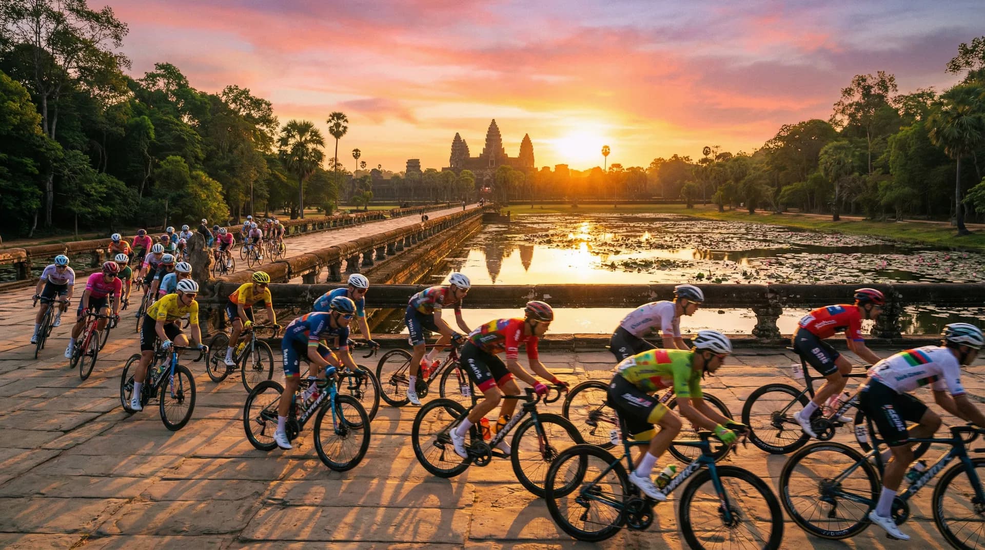 Sport cyclists at Angkor Wat sunrise